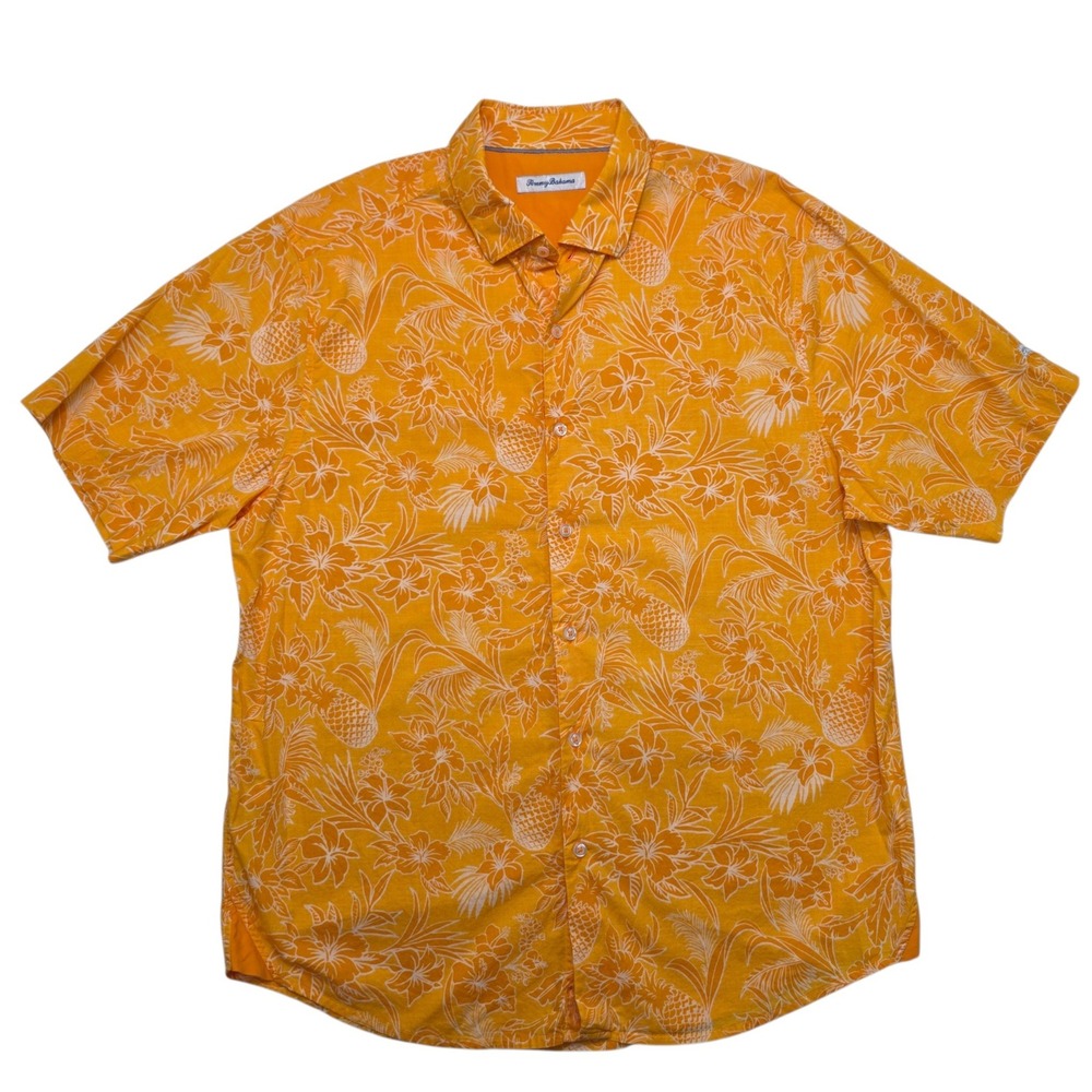 Tommy Bahama Mens Large Orange Tropical Pineapple Floral Linen Blend Shirt L